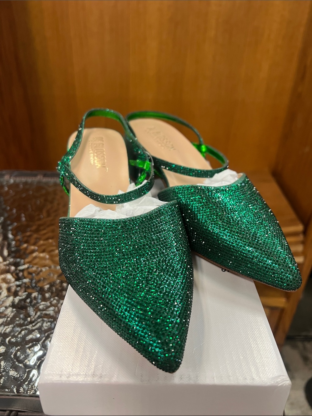 De Blossom Collection Emerald Green Glitter Pointed Slingback Mules